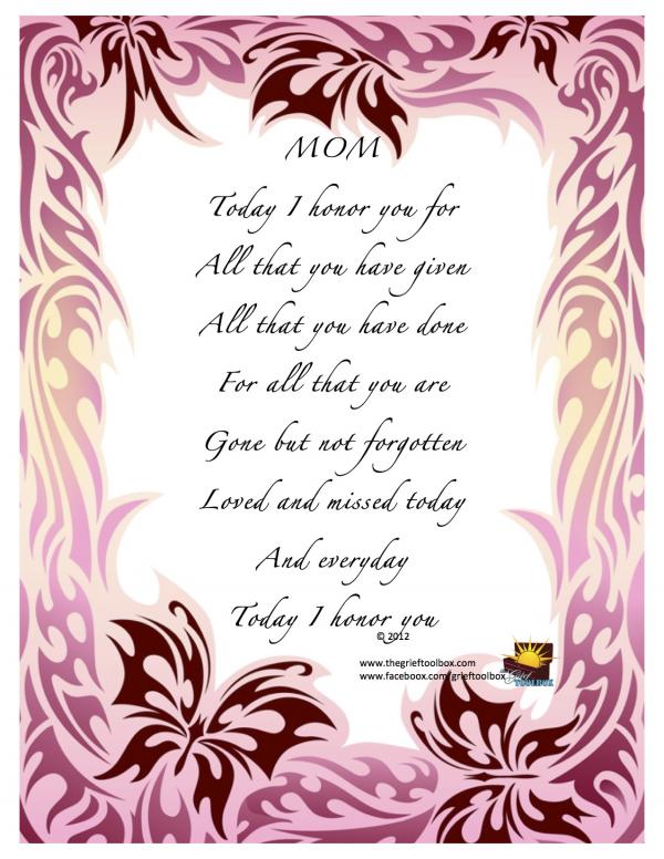 Mother's Day loved missed and honored every day - A Poem